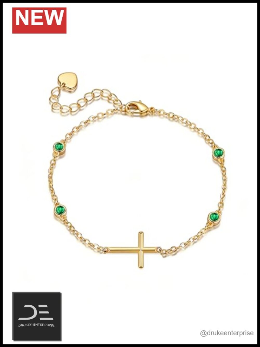 18K Gold Cross Birthstone Bracelet for Women, Adjustable 9-inch, Gift for Mom